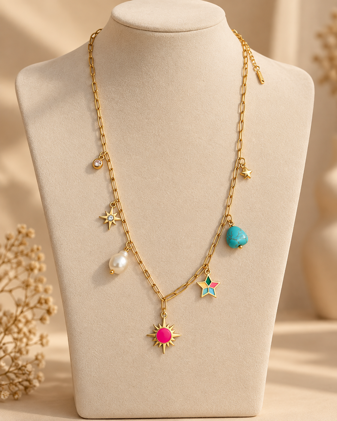 Gold Charm Necklace for Women | Multicolor Star, Pearl & Turquoise Charm Layered Necklace | Trendy Statement Jewellery