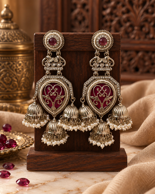 Premium Indian Statement Earrings for Women, Heavy-Look Lightweight Magenta Earrings with Pearl Detailing for Karwa Chauth, Diwali, Weddings & Functions
