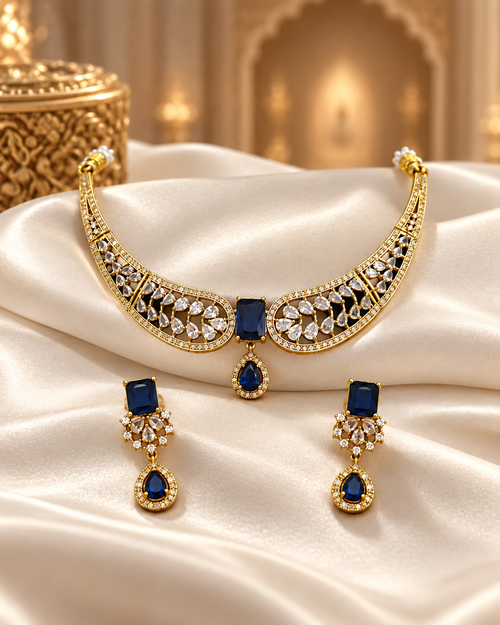 AD Hasli Necklace Set for Women, Premium American Diamond Jewellery with Gold-Look Necklace & Matching Earrings, Traditional Festive Wedding Jewellery for Saree & Ethnic Wear