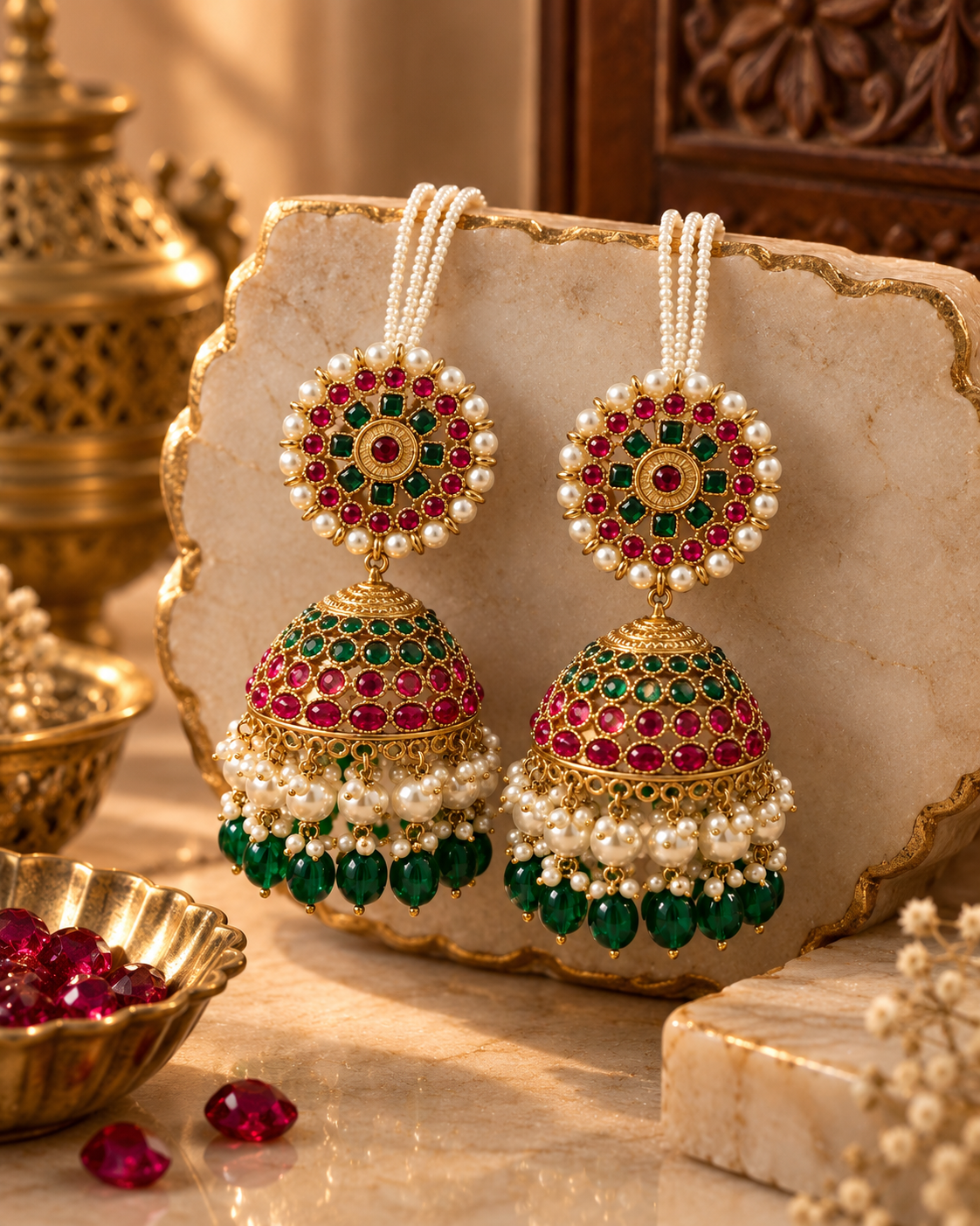 Premium Jhumki Earrings for Women, Pearl & Stone Studded Traditional Indian Ethnic Earrings for Karwa Chauth, Wedding, Diwali, Festive & Party Wear