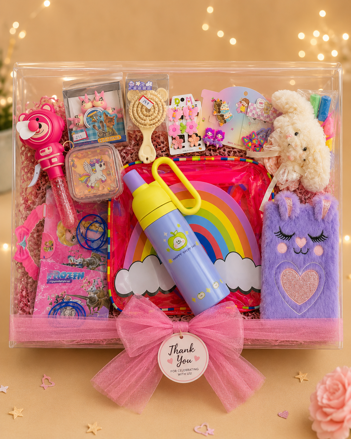Premium Girls Return Gift Hamper with Water Bottle | Jelly Bag, Plush Diary, Keychain, Hair Accessories, Dry Clay, Coin Pouch, Colouring Book & Bubble Fan
