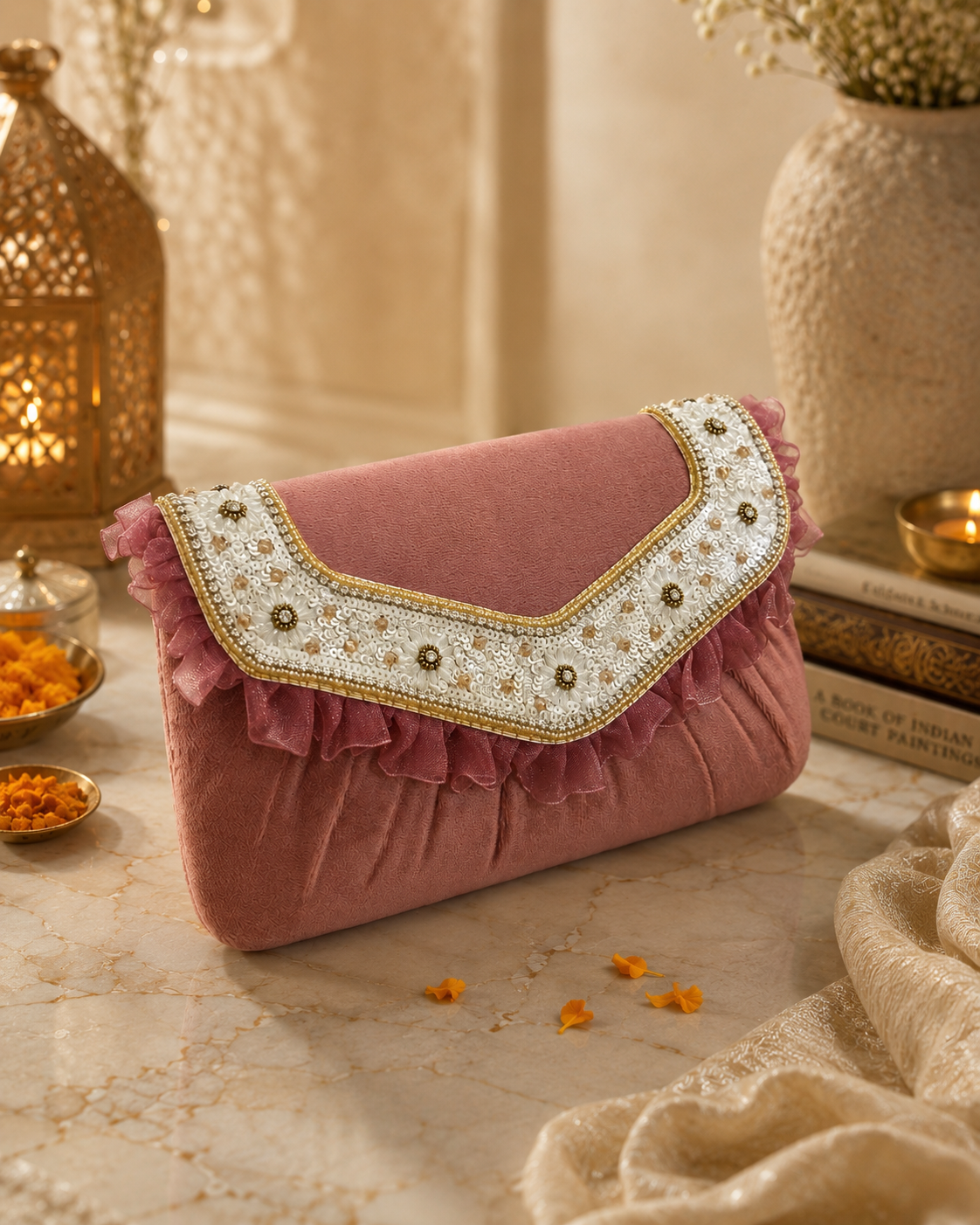 Pink Embroidered Party Clutch Bag | Floral Wedding Handbag