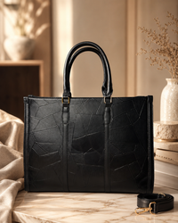 Black Textured Laptop Tote Bag for Women with Sling Strap