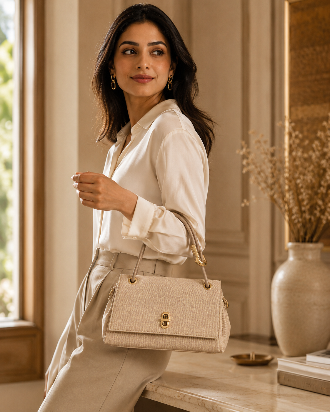 Elegant Textured Top Handle Handbag for Women with Sling Strap