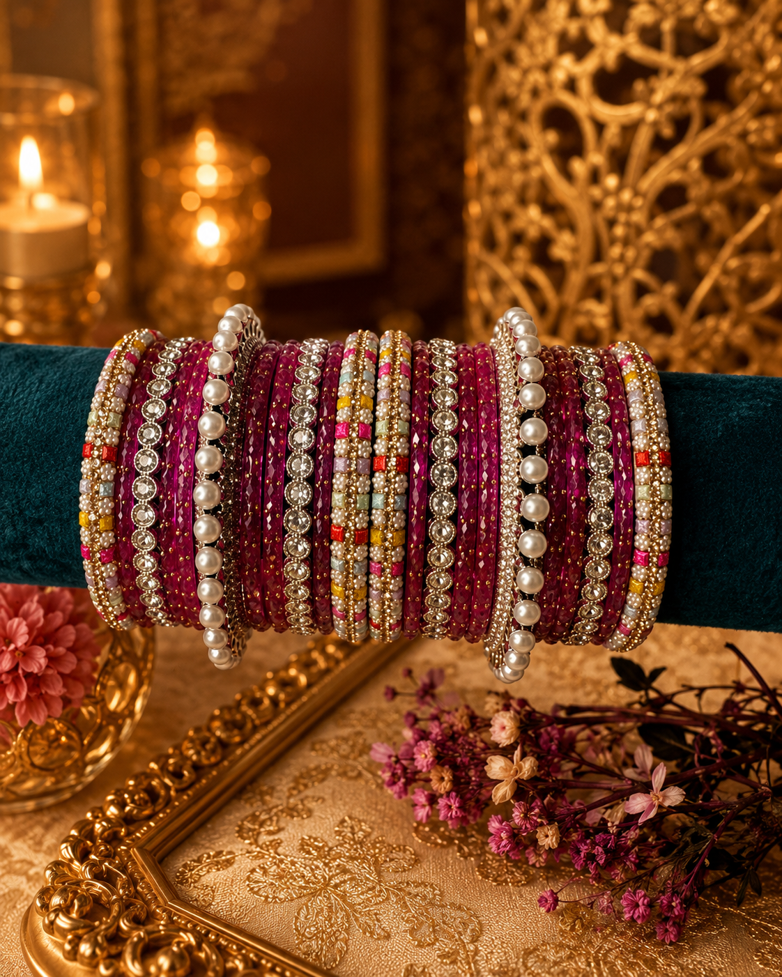 Rani Pink Designer Bangles Set with Pearl & Crystal Accents