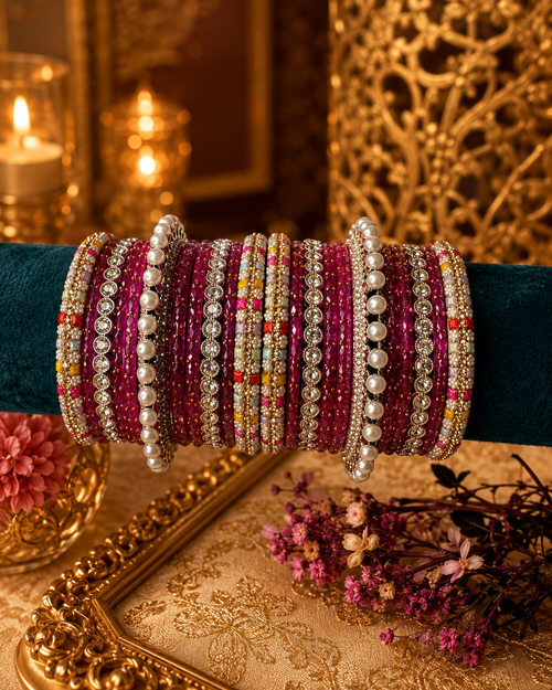 Rani Pink Designer Bangles Set with Pearl & Crystal Accents