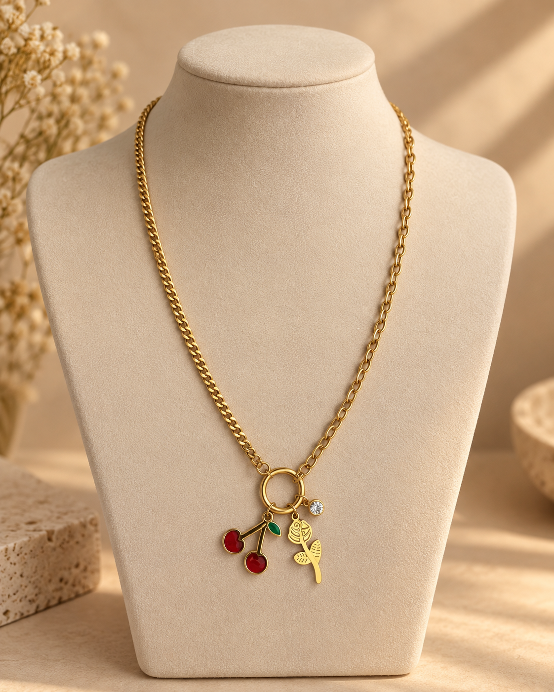 Gold Cherry Charm Necklace for Women | Trendy Cherry & Leaf Pendant Chain | Cute Statement Jewellery for Women