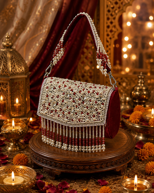 Pearl & Crystal Embellished Velvet Handbag with Detachable Sling