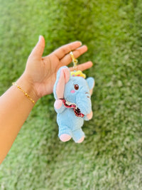 Cute Elephant Plush Keychain | Soft Fluffy Elephant Bag Charm with Crown | Blue Elephant Keyring