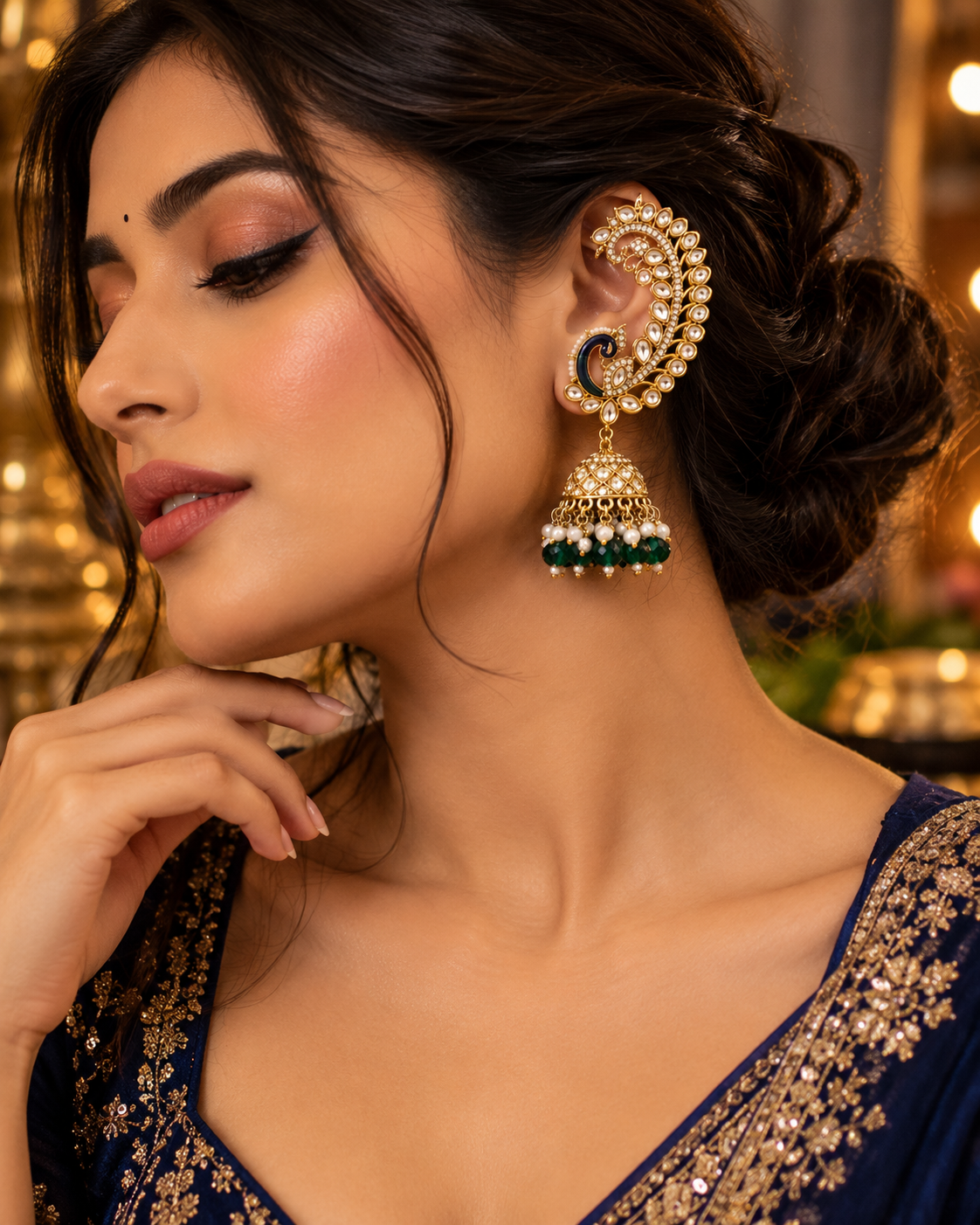 Gold-Plated Peacock Design Kundan Jhumka Earrings with Green Bead Drops