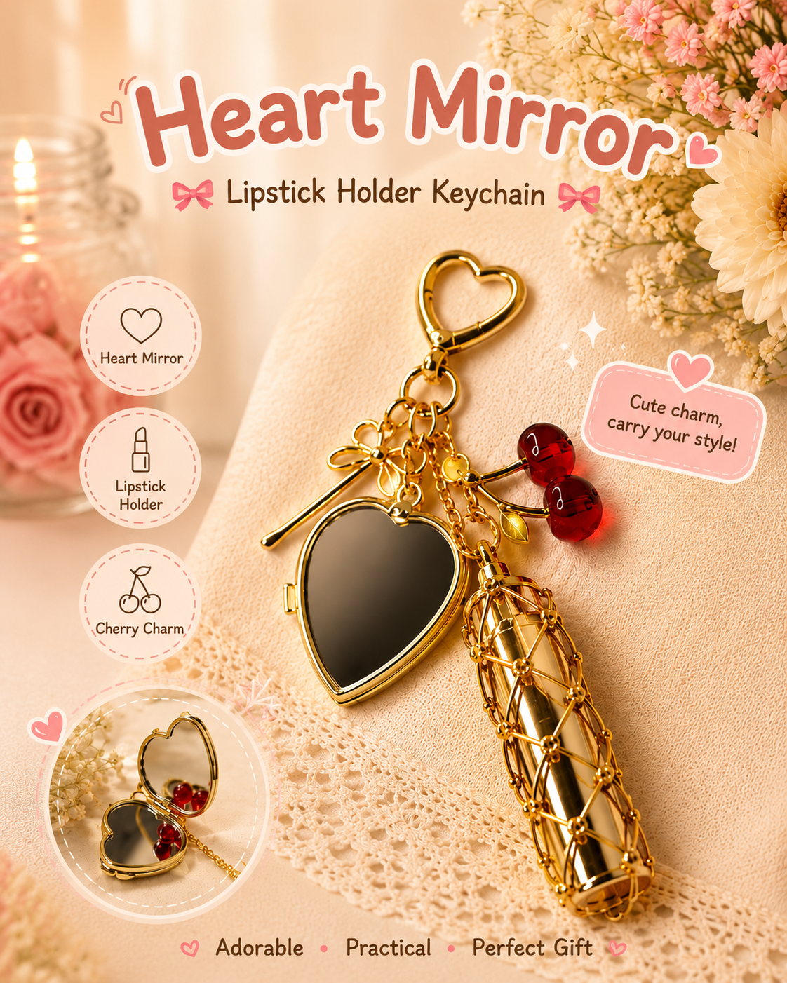 Heart Mirror Lipstick Holder Keychain | Cherry Charm Bag Accessory | Cute Portable Mirror Pendant