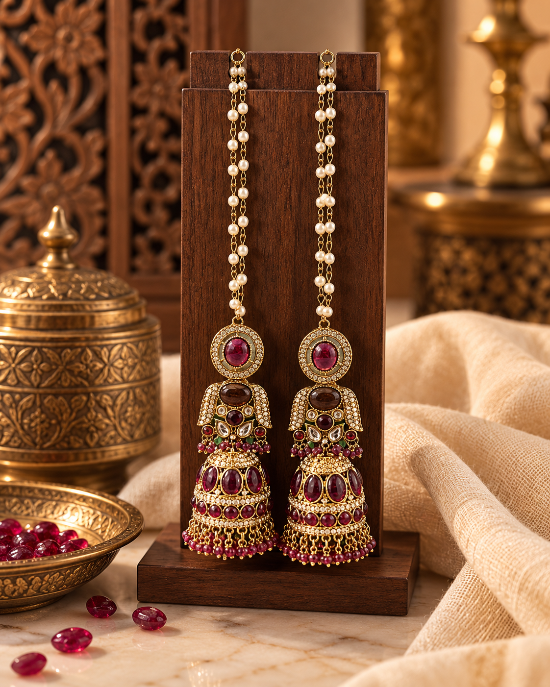 Traditional Pearl Chain Jhumka Earrings with Hair Chain for Women – Gold-Tone Ethnic Festive Jewellery | 3 Colour Variants