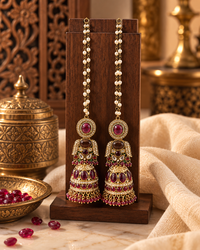 Traditional Pearl Chain Jhumka Earrings with Hair Chain for Women – Gold-Tone Ethnic Festive Jewellery | 3 Colour Variants