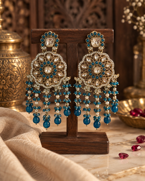 Statement Chandbali Earrings for Women, Blue Stone Ethnic Indian Jewellery with Pearl Bead Drops, Traditional Designer Earrings for Wedding, Festive & Party Wear