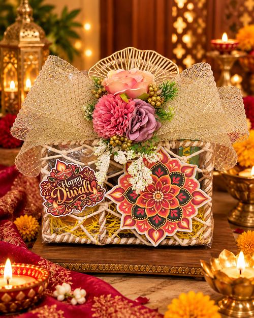 Premium Diwali Gift Hamper with Diffuser Set, 6 Sutli Bomb Candles, Lotus Candle Holders, Ladoo Candle, Mug, Makhana, Beetroot Chips & Handmade Shubh Labh