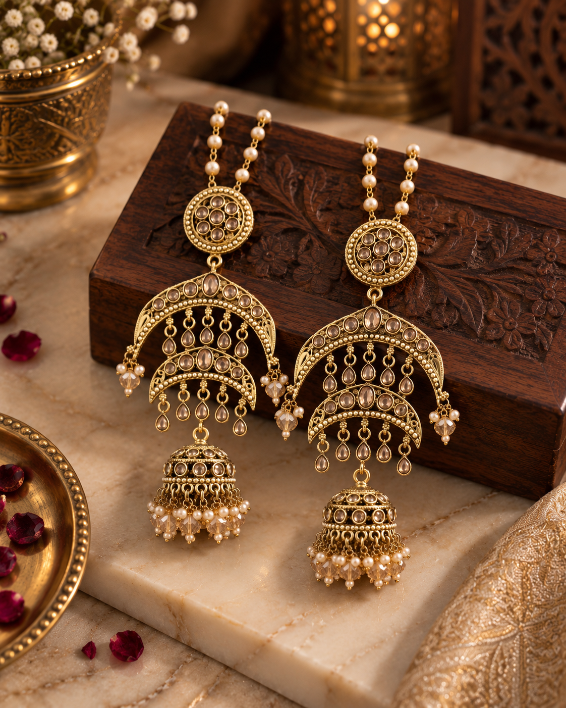 Jhumka Earrings for Women, Traditional Indian Ethnic Chandbali Jhumki Earrings with Pearl Details, Statement Jewellery for Wedding, Festive & Party Wear