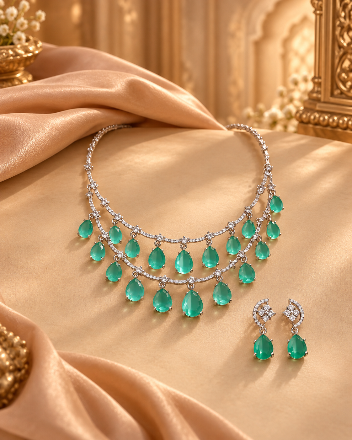 Premium AD Necklace Set for Women, Heavy Look Festive Jewellery with Necklace & Earrings, Stylish Statement Set for Karwa Chauth, Wedding, Diwali & Parties