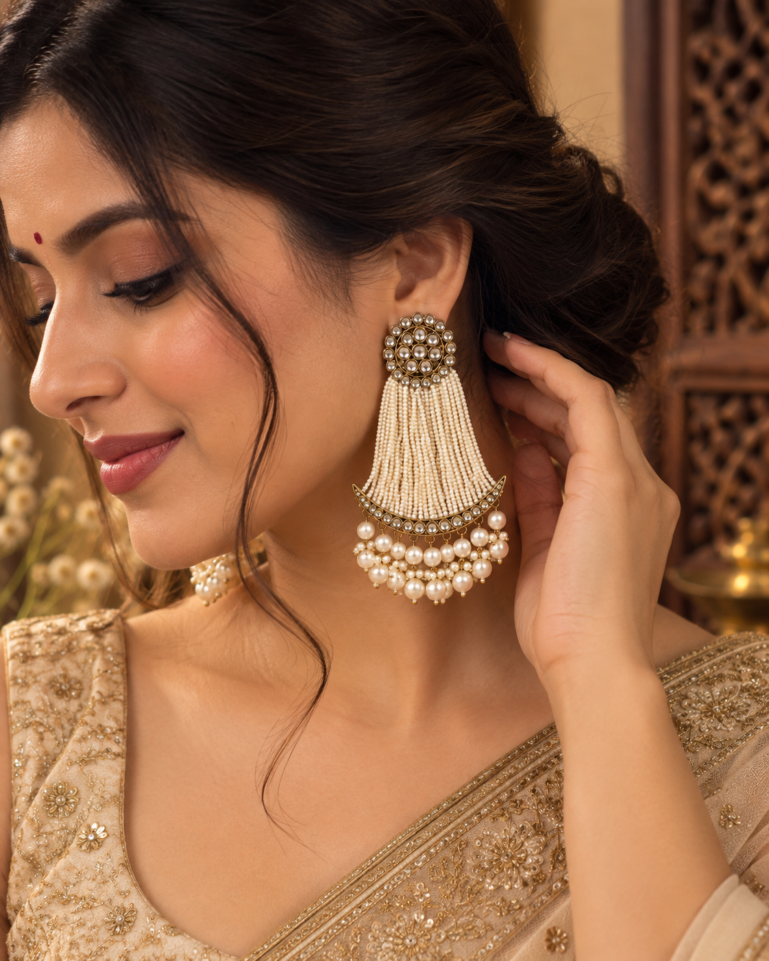 Pearl Chandbali Earrings for Women, Long Indian Ethnic Statement Earrings with Kundan-Style Stones & Pearl Drops, Traditional Wedding & Festive Jewellery