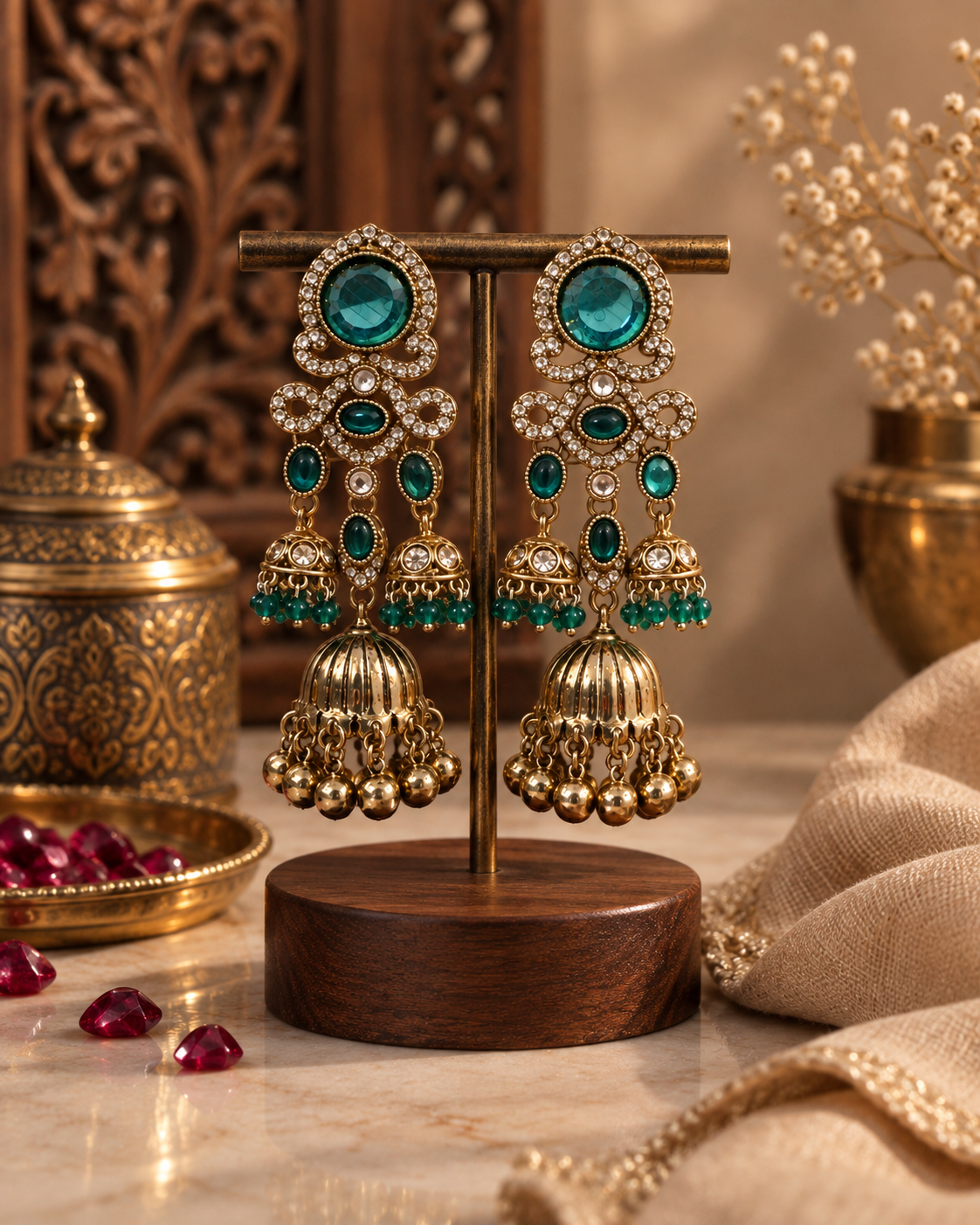 Jhumka Earrings for Women, Traditional Kundan Style Gold-Tone Chandbali Jhumki Earrings with Crystal & Bead Detailing, Ethnic Party Wear Jewellery for Wedding & Festive Occasions