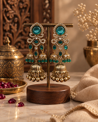 Jhumka Earrings for Women, Traditional Kundan Style Gold-Tone Chandbali Jhumki Earrings with Crystal & Bead Detailing, Ethnic Party Wear Jewellery for Wedding & Festive Occasions