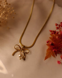 Anti Tarnish Pearl Bow Pendant Necklace for Women | Elegant Gold Bow Necklace with Pearl Charm