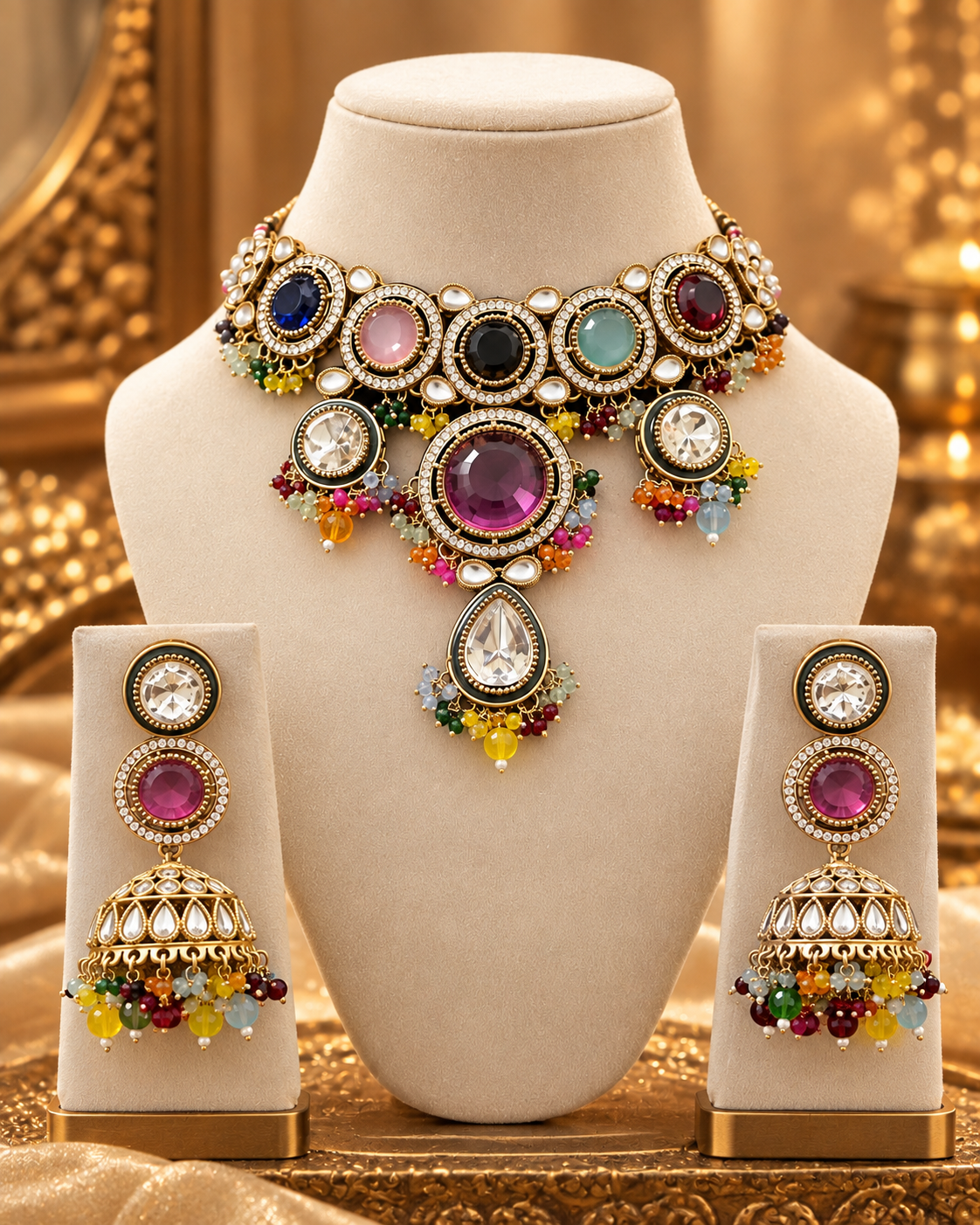 Multicolour Moissanite Look Necklace Set for Women with Earrings & Maang Tikka, Heavy Look Indian Ethnic Jewellery for Wedding, Diwali, Karwa Chauth & Festive Occasions