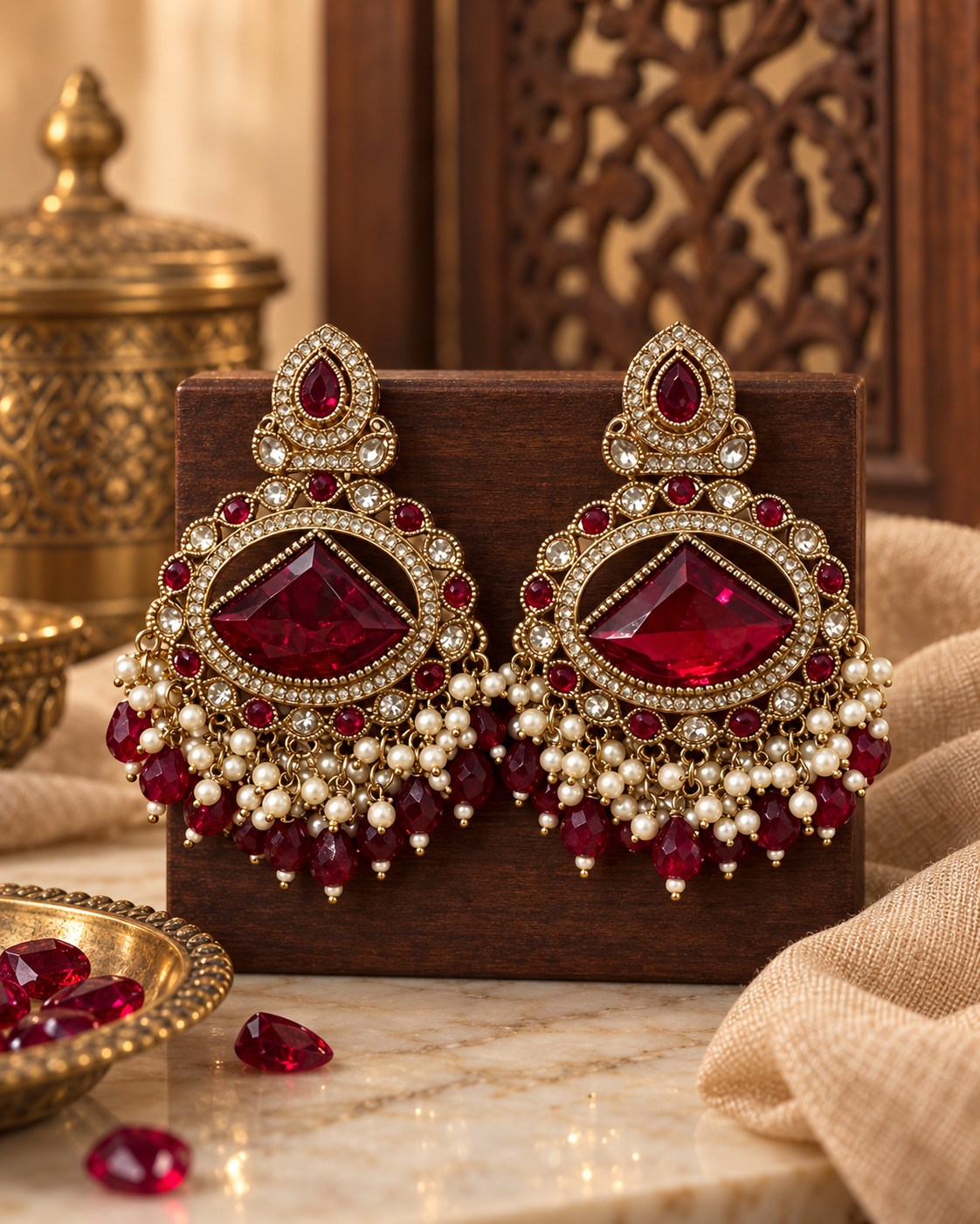 Premium Festive Indian Earrings for Women, Heavy-Look Lightweight Statement Earrings with Red Stones & Pearl Bead Detailing for Karwa Chauth, Diwali, Weddings & Functions