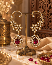 Premium Ear Cuff Earrings for Women, Indian Heavy-Look Lightweight Ear Cuff Jewellery, Red Stone Floral Design for Karwa Chauth, Diwali, Weddings & Festive Functions