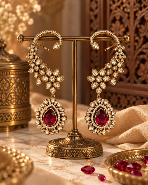 Premium Ear Cuff Earrings for Women, Indian Heavy-Look Lightweight Ear Cuff Jewellery, Red Stone Floral Design for Karwa Chauth, Diwali, Weddings & Festive Functions