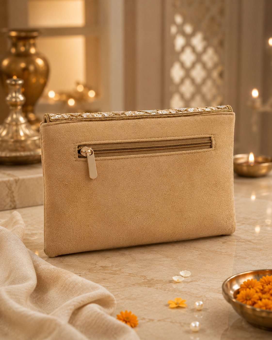 Beige Floral Embellished Clutch Bag | Wedding & Party Clutch