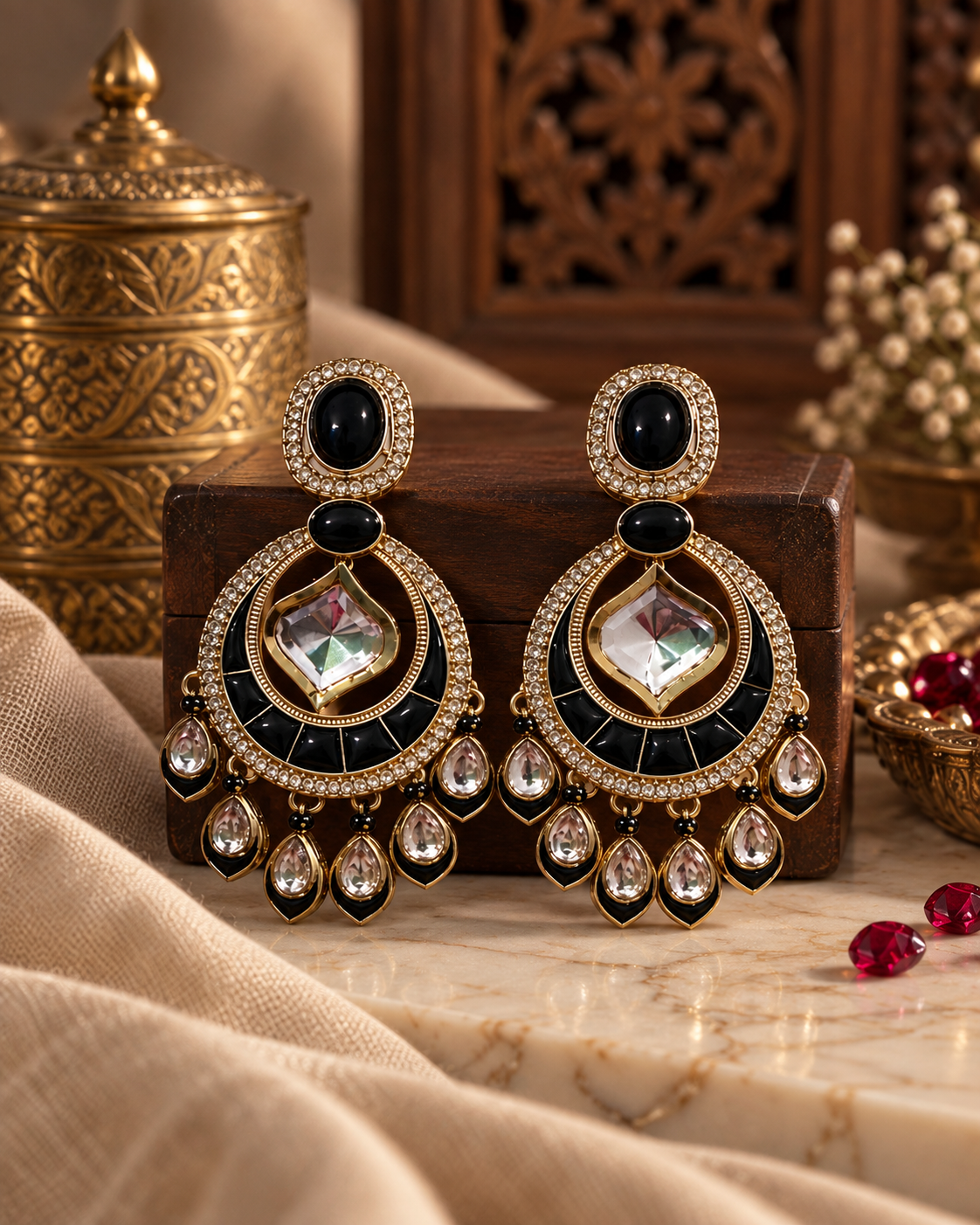 Statement Ethnic Earrings for Women, Traditional Indian Jewellery with Black Blue & Purple Stone Details, Long Drop Designer Earrings for Wedding & Festive Wear