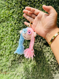 Crochet Doll Keychain with Pink & Blue Yarn Hair, Cute Doll Bag Charm and Backpack Charm for Girls, Boys & Gifting
