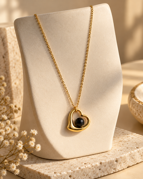 Black Bead Heart Pendant Necklace for Women | Gold-Tone Heart Necklace | Anti-Tarnish Jewellery
