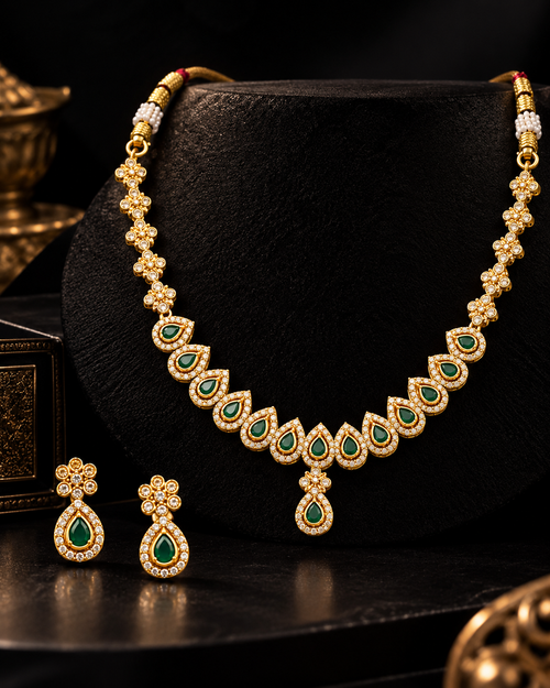 AD Necklace Set for Women, Premium Gold-Look American Diamond Jewellery with Necklace & Matching Earrings, Traditional Festive Wedding Jewellery for Saree & Ethnic Wear