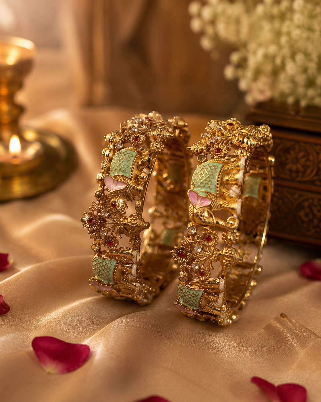 Jugnu Premium Floral Enamel Kada Bracelet Set (Set of 2)