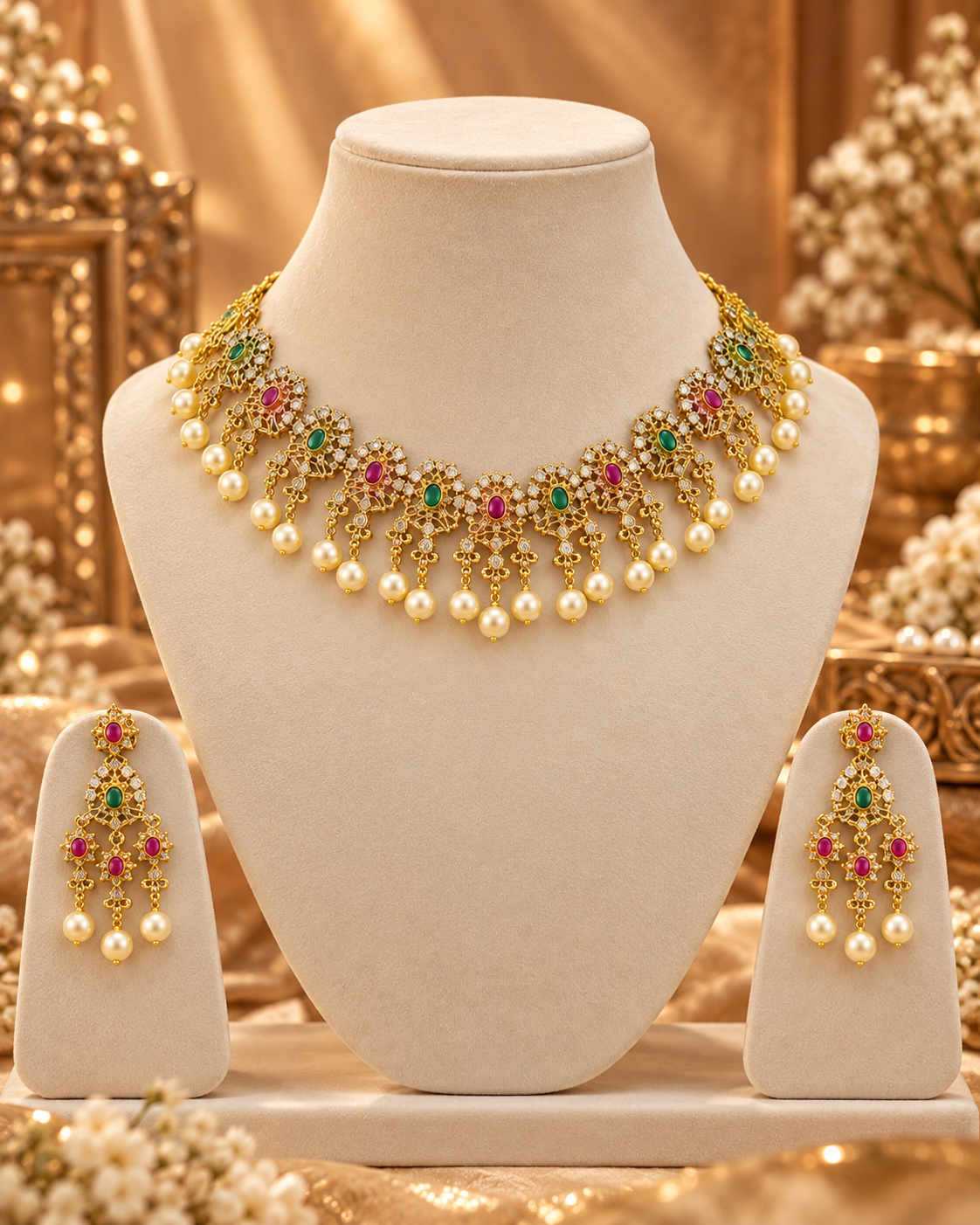 South Indian Style Necklace Set for Women, Multicolour Gold-Look Temple Jewellery with Matching Earrings, Heavy Look Festive Ethnic Jewellery for Wedding, Diwali & Functions
