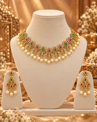 South Indian Style Necklace Set for Women, Multicolour Gold-Look Temple Jewellery with Matching Earrings, Heavy Look Festive Ethnic Jewellery for Wedding, Diwali & Functions