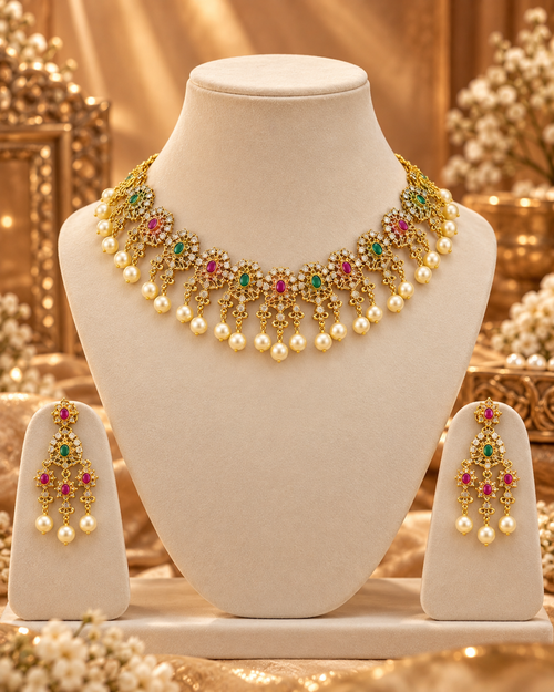 South Indian Style Necklace Set for Women, Multicolour Gold-Look Temple Jewellery with Matching Earrings, Heavy Look Festive Ethnic Jewellery for Wedding, Diwali & Functions