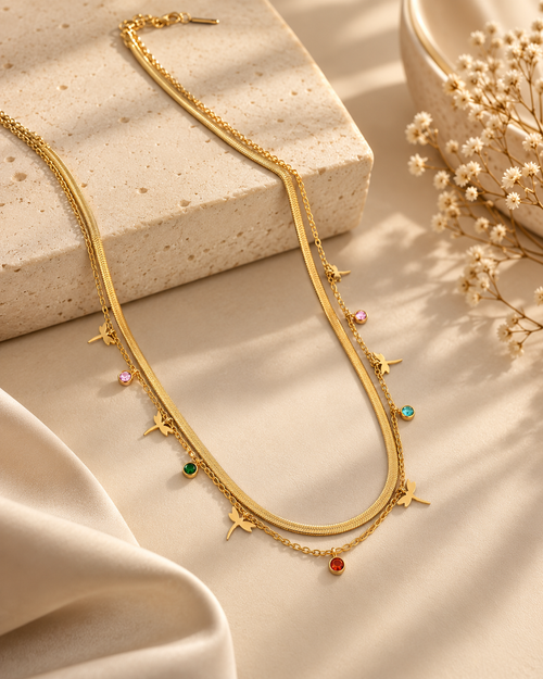 Anti-Tarnish Butterfly Charm Layered Necklace for Women | Gold-Tone Multicolor Crystal Statement Jewellery