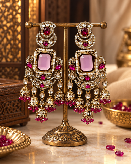 Premium Festive Indian Earrings for Women, Heavy-Look Lightweight Statement Earrings with Pink & Red Stones and Pearl Detailing for Karwa Chauth, Diwali, Weddings & Functions
