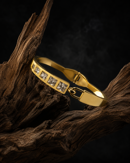 Anti Tarnish Gold Bracelet for Women | Crystal Square Stone Statement Bracelet | Elegant Geometric Cuff Jewellery | Stylish Everyday & Party Wear