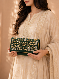 Handcrafted Green Velvet Floral Pearl Embroidered Clutch for Women