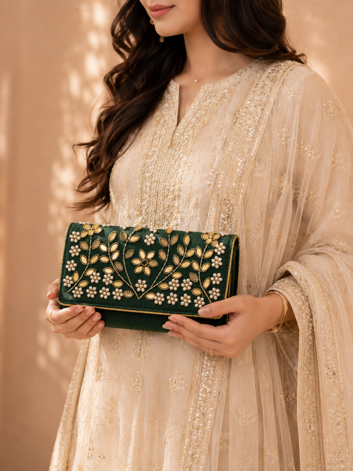 Handcrafted Green Velvet Floral Pearl Embroidered Clutch for Women