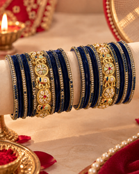 Blue Designer Bangle Set for Women, Stone Studded Kangan Choodiyan with Pearl & Gold Detailing, Wedding Festive Jewellery, Size 2.6