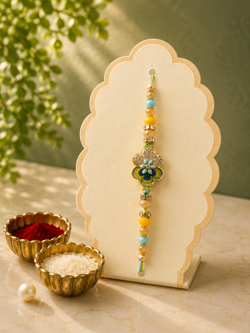 Premium Floral AD Rakhi for Brother | Handmade Designer Rakhi with American Diamond Floral Motif, Crystal Beads & Enamel Detailing | Luxury Raksha Bandhan Gift | Jugnu Store