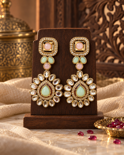 Festive Indian Earrings for Women, Minimalist Gold-Tone Red & Green Stone-Style Drop Earrings, Traditional Ethnic Jewellery for Karwa Chauth, Wedding, Diwali & Functions