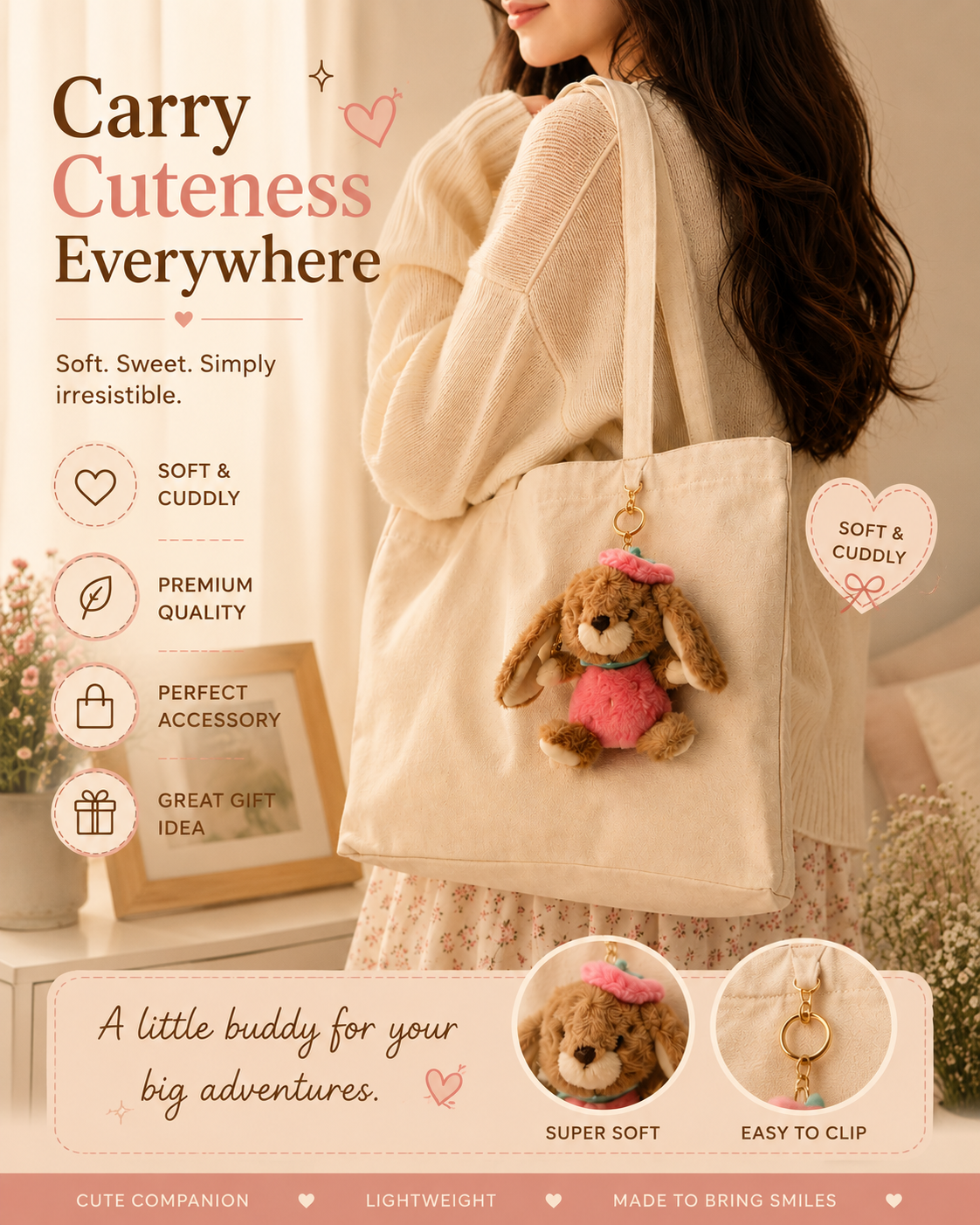 Cute Strawberry Bunny Plush Keychain | Soft Rabbit Bag Charm | Kawaii Plush Keyring