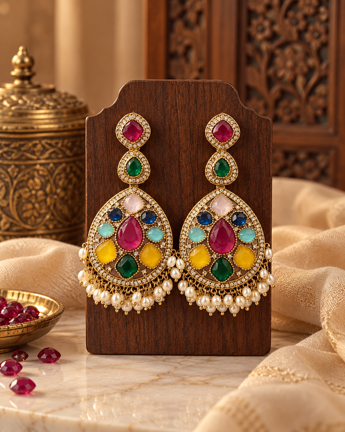 Multicolour Stone Embellished Traditional Statement Earrings for Women – Gold-Tone Ethnic Party Wear Jewellery