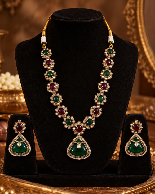 Green Maroon Moissanite Necklace Set for Women with Earrings, Heavy-Look Lightweight Indian Ethnic Jewellery for Wedding, Diwali, Karwa Chauth & Festive Occasions