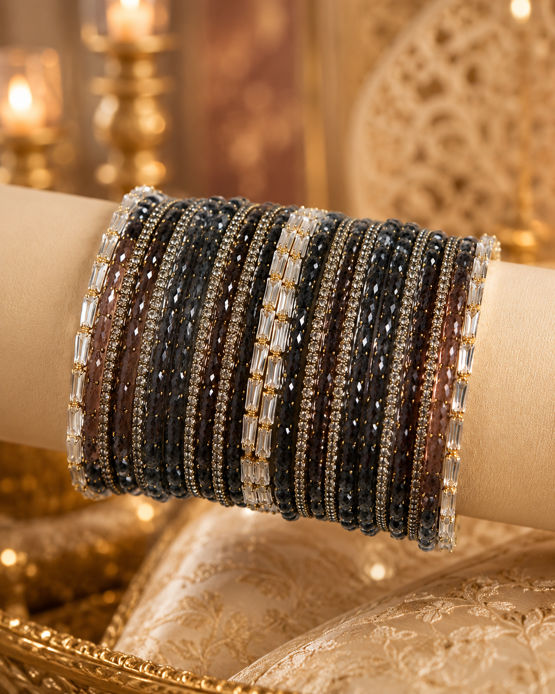 Smoky Grey Designer Bangles Set with Crystal Stone Work